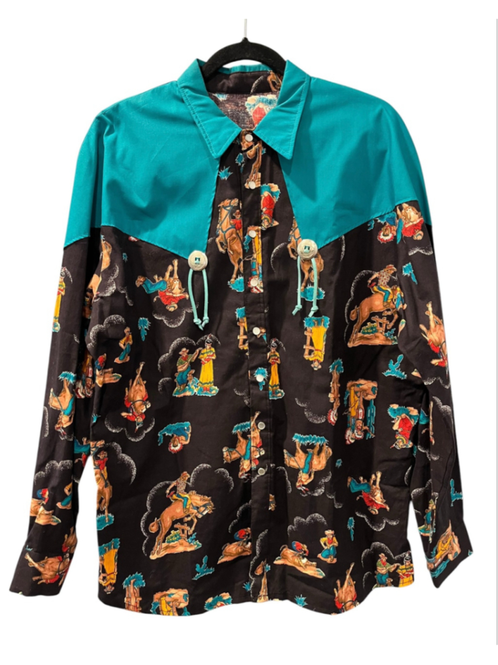 Vintage Western Rodeo Print Snap Shirt XL Two Tone Teal Yoke Cowboy Concho Large